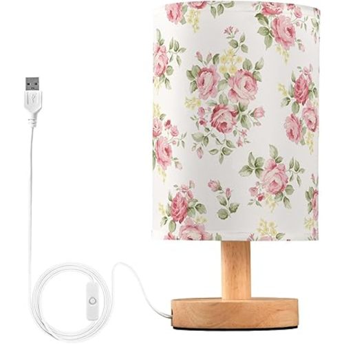 senya Flower Table Lamp for Bedroom Living Room, Pink Rose Flower Floral Bedside Lamps with USB Charging Ports Nightstand Light Lamps, E08D23010