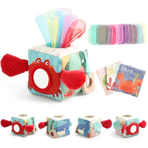 Macabaka Baby Tissue Box Toy, Montessori Baby Toys for 6-12 Months with Wooden Teething Ring, Crinkle Paper, Silk Scarves, Baby Safety Mirror, Perfect Early Learning Baby Gift