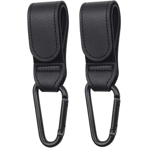 2 Pcs Baby Bag Clips, Leather Buggy Clips Multipurpose Hooks Pram Clips, Pushchair Clips Baby Stroller Hooks with Sturdy Carabiner and Strong Magic Adhesive for Hanging Shopping Handbag Changing Bag