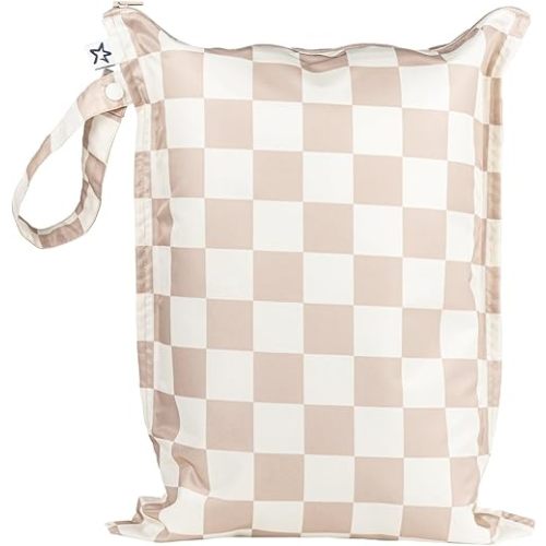 Tiny Twinkle Mess Proof Wet Bags | 1-Pack Reusable Waterproof Wet Bags for Swimsuits | Baby Clothes | Travel & Diaper Bag (Beige Checkers)