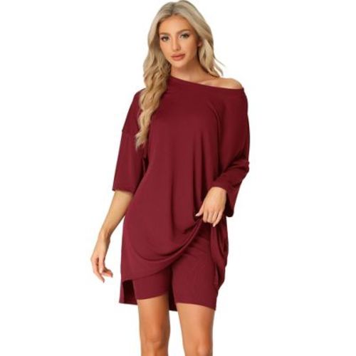 Cheibear Women's Knit Loose Fit T-shirt With Biker Shorts Lounge Sleepwear Pajama Sets Red 3x-large