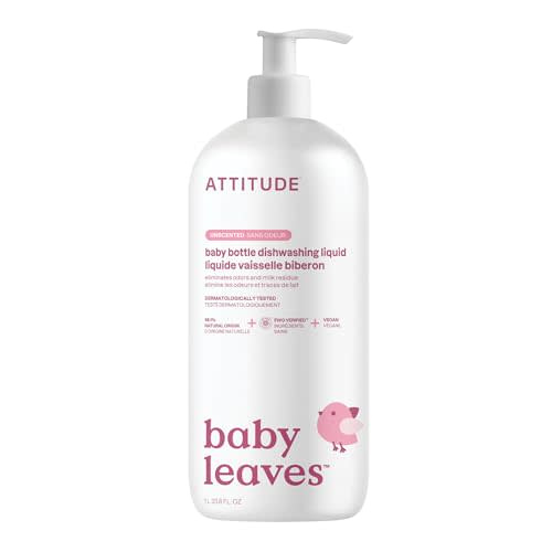 ATTITUDE Baby Dish Soap and Bottle Cleaner, EWG Verified Dishwashing Liquid, No Added Dyes or Fragrances, Tough on Milk Residue and Grease, Vegan, Unscented, 33.8 Fl Oz