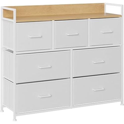 SONGMICS Dresser for Bedroom, Chest of Drawers, Clothes Organizer Storage Unit, 7 Fabric Drawers with Handles, Metal Frame, Cloud White and Oak Beige ULTS523W57