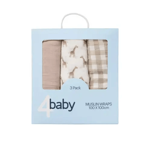4Baby Muslin Wrap Gingham 3Pk Natural | Baby Bunting AU