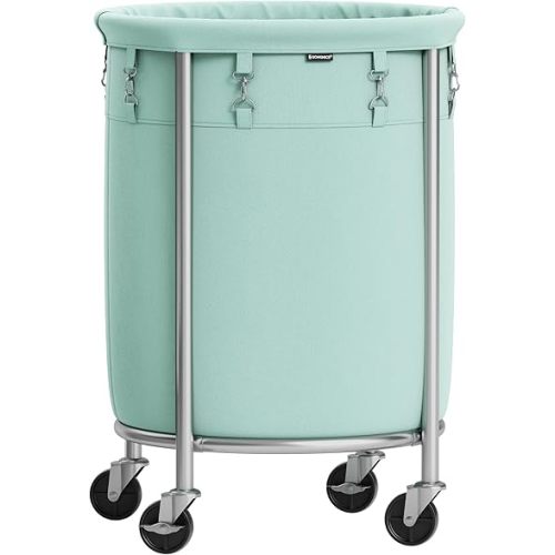 SONGMICS Laundry Basket with Casters, Rolling Laundry Hamper, 29 Gal., Round Laundry Cart with Steel Frame and Removable Bag, 4 Casters and 2 Brakes, Mint Green and Metallic Silver URLS002C01