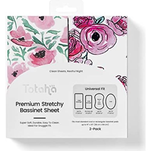 TotAha Premium Stretchy Bassinet Cradle Sheets (2-Pack) Hypoallergenic, Silky Comfort, Buttery Soft, Calming Effect, All-Season Jersey-Knit Sheets,32 X 16 X 3''(Watercolor Flowers & Gouache Flowers)