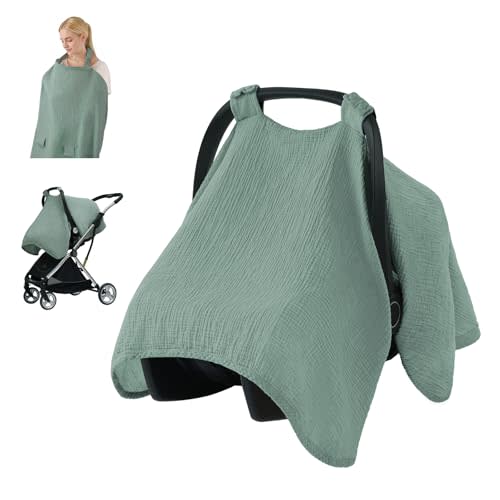 Blissful Diary 2-in-1 Muslin Baby Car Seat Cover, Multi-use Nursing Cover for Breastfeeding, Breathable Infant Car Seat Cover Canopy - Roman Green