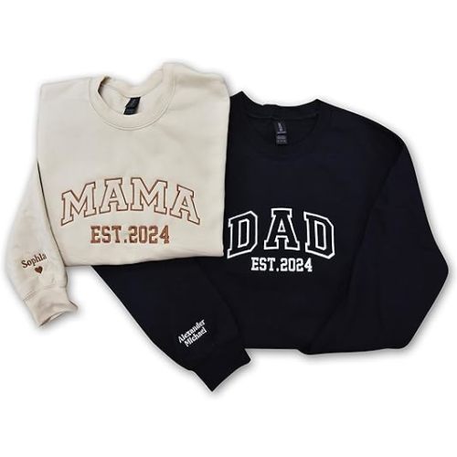 TEEAMORE Mama Est Dad Grandpa Embroidered Sweatshirt Personalized Embroidery Add Your Text Name on Sleeve Crewneck