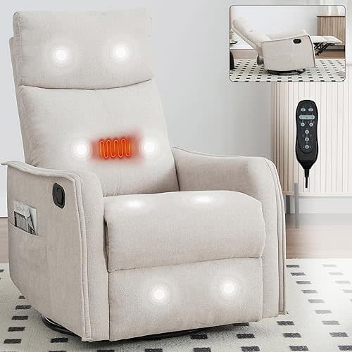 Massage Chair Recliner with Heat, Swivel Rocking Chair Recliner with High Back, Manual Lazy Boy Recliners for Adults,Small Recliner Chair for Small Spaces, Living Room Bedroom, Fabric (Beige)