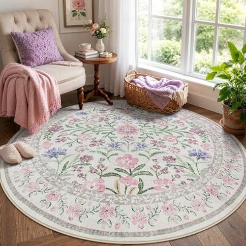 Wonnitar Floral Purple Round Area Rug 5ft, Soft Washable Kids Room Rug, Boho Ultra-Thin Non Slip Circle Carpet for Bedroom Girls Nursery Dorm Living Room Classroom, Light Purple/Pink