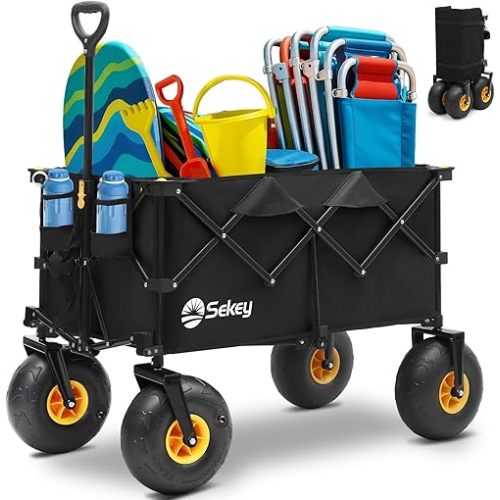 Heavy Duty Beach Wagon with 9" Big Sand-Proof Wheels – 440lb Capacity, Sekey 200L Oversized Foldable Cart | Adjustable Handle & All-Terrain Tires for Sand, Camping, Groceries. Black