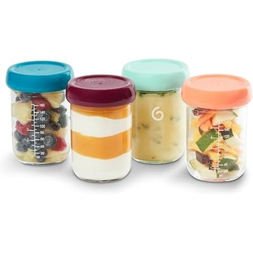 Babymoov Baby Glass Food Jars, Set of 4 (8oz Each) BPA-Free Storage Containers, Leakproof Lids, Microwave, Freezer & Dishwasher Safe, Baby Registry Essential