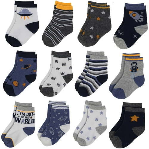 Rising Star 12-Pack Colorful Infant Crew Socks, Space and Rockets Design, for Babies 0-24 Months
