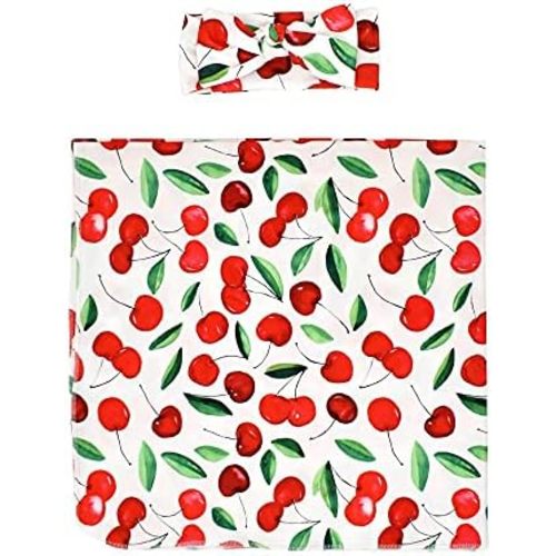 Baby Swaddle Blanket, Newborn Fruit Print Receiving Blanket, Soft Stretchy Swaddle Wrap with Matching Headband