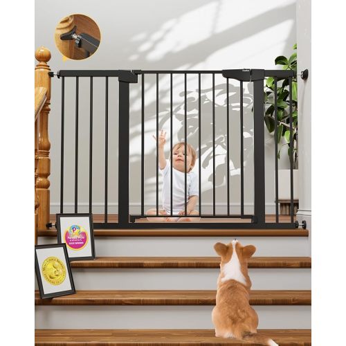 Cumbor 29.7-48" Baby Gate for Stairs, Mom's Choice Awards Winner-Dog Gate for Doorways, Auto Close Safety Pet Gate for Dogs Indoor, Easy Install Pressure Mounted Child Gate with Walk Thru Door, Black