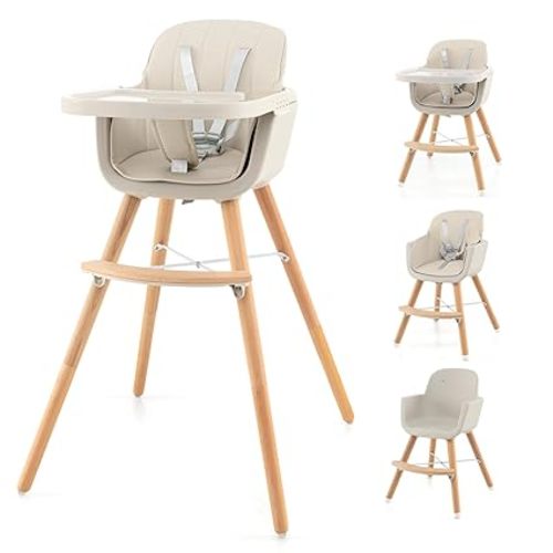 HONEY JOY Baby High Chair, 6-in-1 Eat & Grow Wooden Highchair/Toddler Chair with Removable Tray, 5-Point Harness, PU Cushion and Footrest, Convertible High Chair for Babies and Toddlers(Beige)