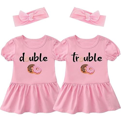 YSCULBUTOL Baby Twins Bodysuit Double Trouble Sweet Donuts Girl Outfits Sister Dresses Infant Romper With Headband Set