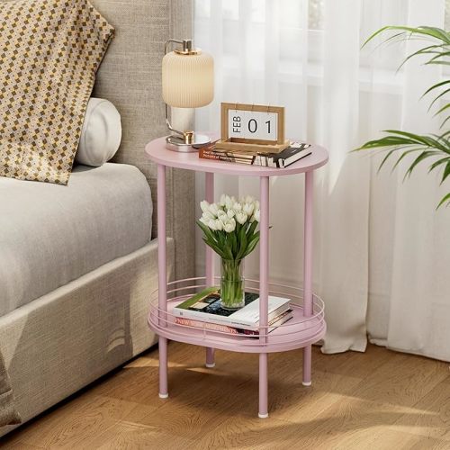 Small Modern Oval Side Table with Storage,2-Tier Side Tables Living Room,Sturdy Nightstand for Small Space - Living Room, Bedroom, Bathroom, Nursery (1PC,Pink)