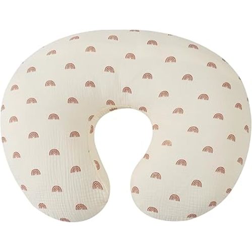 Muslin Nursing Pillow Cover Soft 100% Cotton Feeding Pillow Slipcover Fits Standard Infant Nursing Pillow or Positioner for Boy and Girl, Rainbow Printing