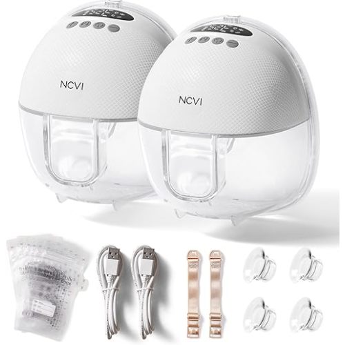 NCVI Hands Free Breast Pump 8131, Wearable Breastfeeding Pump with 4 Modes & 9 Levels, Portable Rechargeable Milk Pump with LED Display, Low Noise & Discreet, 19/21/24 mm Flanges, 2 Pack White