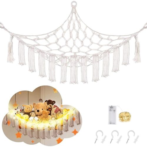 Stuffed Animal Hammock with LED Light, Large Stuffed Animals Storage Corner Plushie Net for Kids Room Decor, White