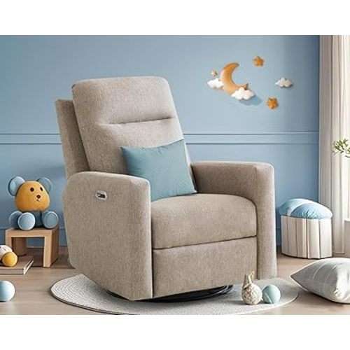 Power Swivel Recliner Chair for Adults Nursery, 270° Oversized Rotating Chenille Rocker Recliners Glider w/USB & Type-C Charging Port Rocking Reclining Chair Single Sofa for Living Room,Bedroom,Brown