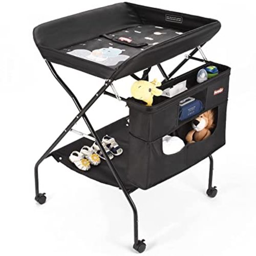 Mobile Baby Changing Table with Wheels, FORSTART Adjustable Height Folding Diaper Station Portable Newborn Clothes Stand with Nursery Organizer & Storage Rack for Infant