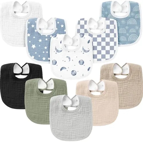 Konssy 10-Pack Muslin Baby Bibs, Soft Cotton Bandana Bibs for Drooling & Teething, Unisex Solid Colors for Boys & Girls, Newborn & Infant, Adjustable Closure