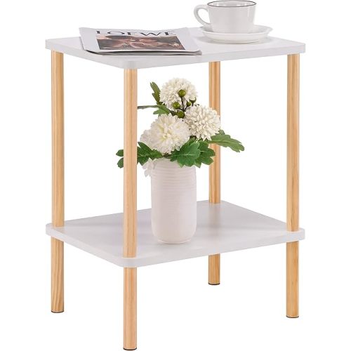 Apicizon 2 Tier End Table, Boho Side Table with Storage Shelf, Nightstand Bedside Table for Small Spaces, Bedroom, Living Room, Entryway, Farmhouse, Easy Assembly, White+Natural