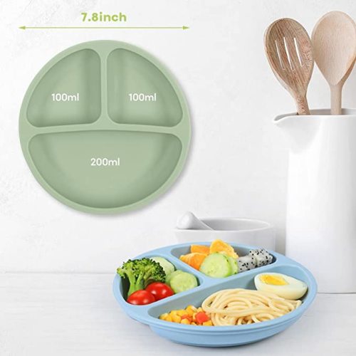 Yoofoss Toddler Plates 3 Pack - Suction Plates for Baby - 100% Silicone Baby Plates - BPA Free - Microwave and Dishwasher Safe - Divided Design - Blue,Green&Grey - Without Lids