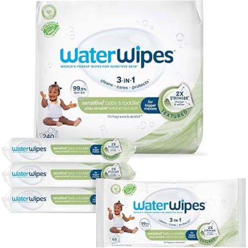 WaterWipes Sensitive+ Baby & Toddler Wipes, 3-In-1 Cleans, Cares, Protects, 99.9% Water, Textured Clean, Unscented & Hypoallergenic, 240 Count (4 Packs)