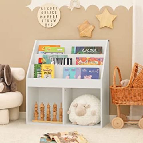 Haotian KMB01-W, White Children Kids Bookcase Book Shelf Storage Display Rack Organizer Holder