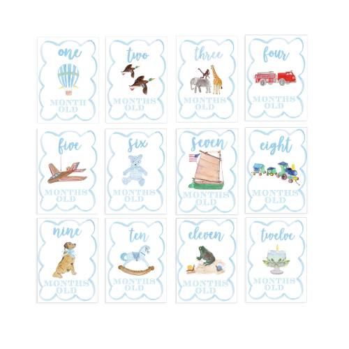 Boy Watercolor Milestone Cards - Scallop Border | Baby Boy Milestone Cards | Milestone Cards | Shower Gift | Watercolor Milestone Cards