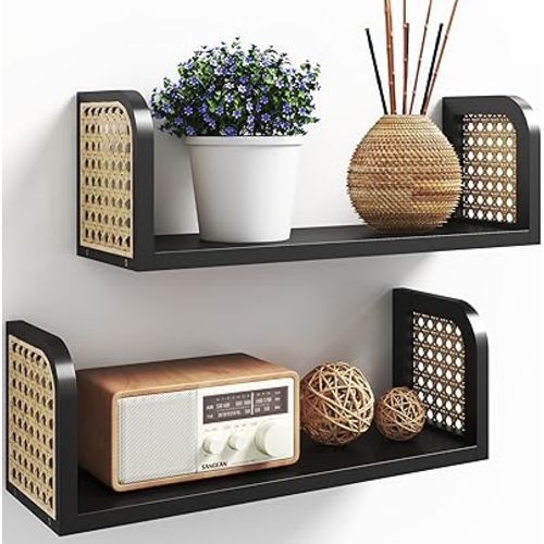 Black Rattan Shelf Set of 2, Nursery Shelves Wall Mounted, Natural Hanging Bookshelf Storage, Boho Decorative Floating Shelves for Kids Room, Living Room, Play Room, Bedroom, Home Decor