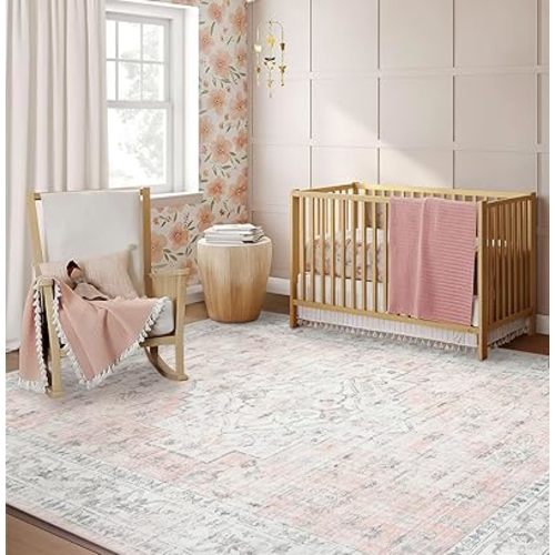 LIVEBOX Boho Washable 8x10 Rug for Girls Bedroom, Light Pink Area Rugs for Girls Room, Soft Non-Shedding Boho Living Room Rugs, Low-Pile Floral Rug Oriental Fauxl Wool Rugs 8x10 for Dining Room