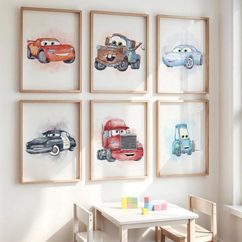 Watercolor Car Poster Set – Cute Cartoon Vehicle Wall Art for Kids Room, Nursery or Playroom Set of 6 Prints