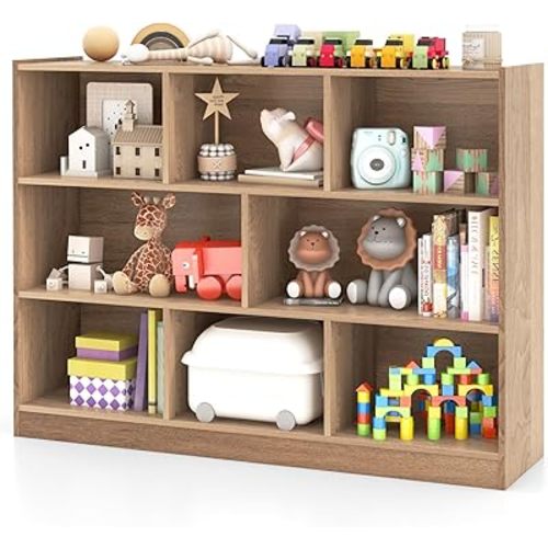 HOMGX Kids Montessori Shelf, 8-Cube Wooden Toy Storage Organizer, 3 Tier Open Kids Bookshelf for Classroom, Bedroom & Playroom, Natural