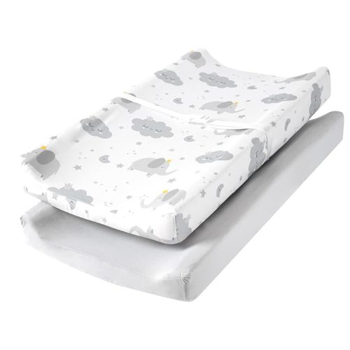 TILLYOU Changing Pad Cover Set in Soft Jersey Material - Fits 32"/34''x16 Contoured Pad for Babies, Elephant & Cloud, Grey