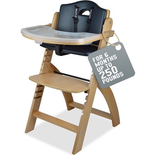 Abiie Beyond Junior Wooden High Chair with Tray - Convertible Baby Highchair - Adjustable High Chair for Babies/Toddlers/6 Months up to 250 Lbs - Stain & Water Resistant Natural Wood/Black Cushion