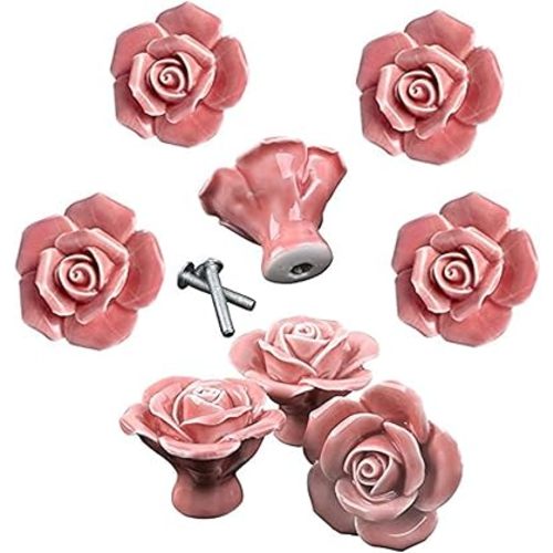 Knobs, 8Pcs Elegant Pink Rose Pulls Flower Ceramic Cabinet Knobs Cupboard Drawer Pull Handles + Scre.