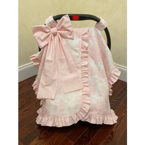 Choose Your Color Toile Car Seat Canopy with Large Bow and Ruffle, Monogrammed Car Seat Tent, Personalized Baby Shower Gift