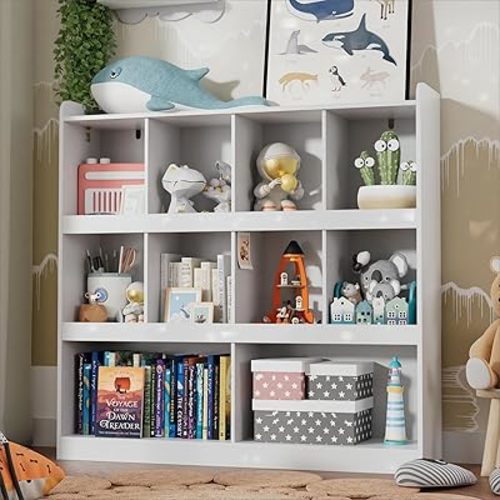 Cozy Castle Bookshelf, 3-Tier Open Bookshelf, 10 Cube Horizontal Bookcase, Storage Organizer with Anti-Tilt Device, Floor Standing Wood Bookcase for Home Office, Bedroom, Living Room, White
