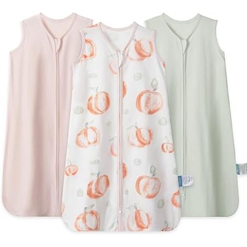 TILLYOU Baby Sleep Sack 6-12 Months 3 Pack, 0.5 Tog Soft Cotton Wearable Blanket for Kids with Double Zipper, Peach Dot