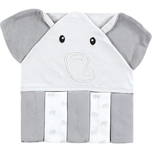 Hudson Baby Unisex Baby Hooded Towel and Five Washcloths, Gray Elephant, One Size