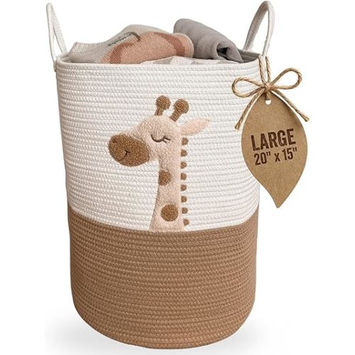 Large Giraffe Laundry Hamper for Nursery – 20" Tall Woven Rope Storage Basket for Baby Toys, Clothes, and Blankets – Cute Animal Nursery Decor with Handles – Soft & Durable Organizer Bin (White & Tan)