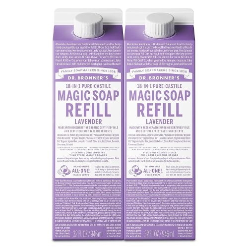 Dr. Bronner's Magic Soap-Pure-Castile Liquid Refill (Lavender, 32 ounce, 2-Pack) - Made with Regenerative Organic Certified Oils, For Body, Hair, Laundry, Pets & Dishes, Concentrated, Vegan, Non-GMO