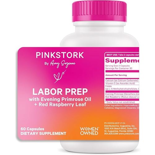 Pink Stork Labor Prep - Evening Primrose Oil Capsules with Red Raspberry Leaf Tea, Gentle Birth & Postpartum Care, Third Trimester Pregnancy Must Haves, 60 Capsules