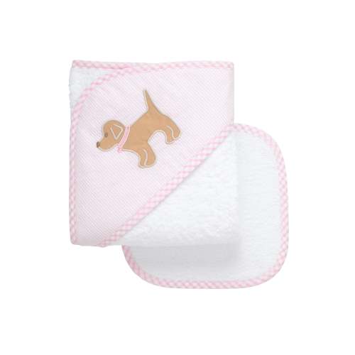 Puppy Applique Hooded Towel & Washcloth Set, Pink