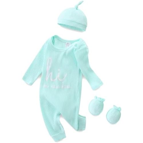 Baby Boy Girl Ribbed Onesies Romper Coming Home Outfits Letter Print Bodysuit Jumpsuit Hat Glove 3PCS Clothes Set