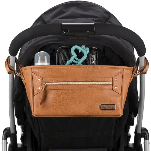 Itzy Ritzy Adjustable Stroller Caddy and Organizer Bag Featuring Front Zippered Pocket, 2 Built-in Interior Pockets & Adjustable Straps to Fit Nearly Any Stroller (Cognac)